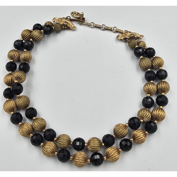 Estate Jewelry - Vintage Black and Gold tone Bead Necklace Double Strand Faceted Classic Dressy